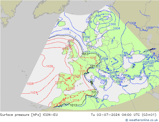 Luchtdruk (Grond) ICON-EU di 02.07.2024 04 UTC