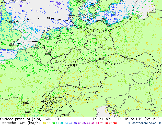 Isotachen (km/h) ICON-EU do 04.07.2024 15 UTC