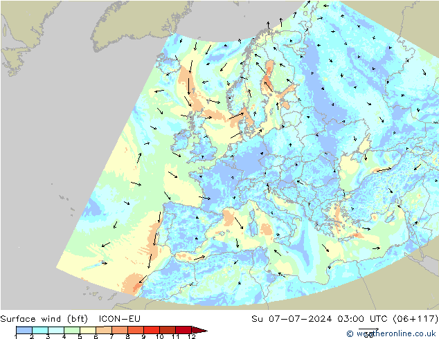 Wind 10 m (bft) ICON-EU zo 07.07.2024 03 UTC