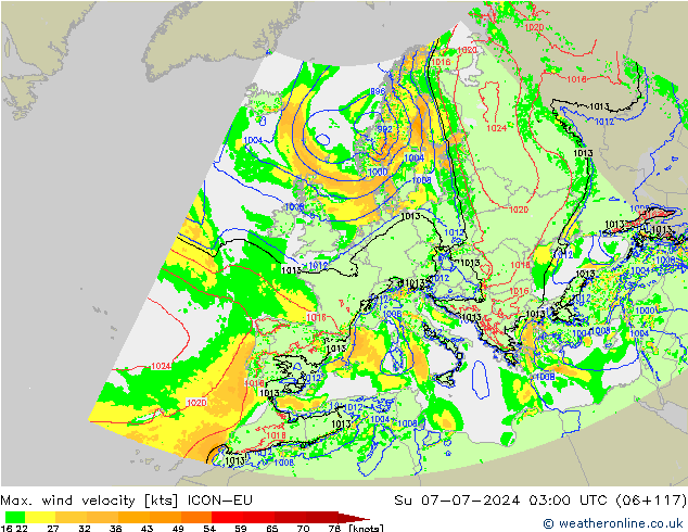 Max. wind snelheid ICON-EU zo 07.07.2024 03 UTC