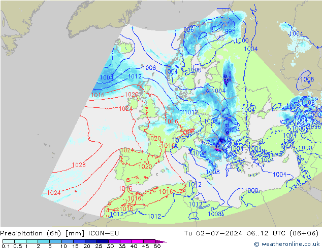 降水量 (6h) ICON-EU 星期二 02.07.2024 12 UTC
