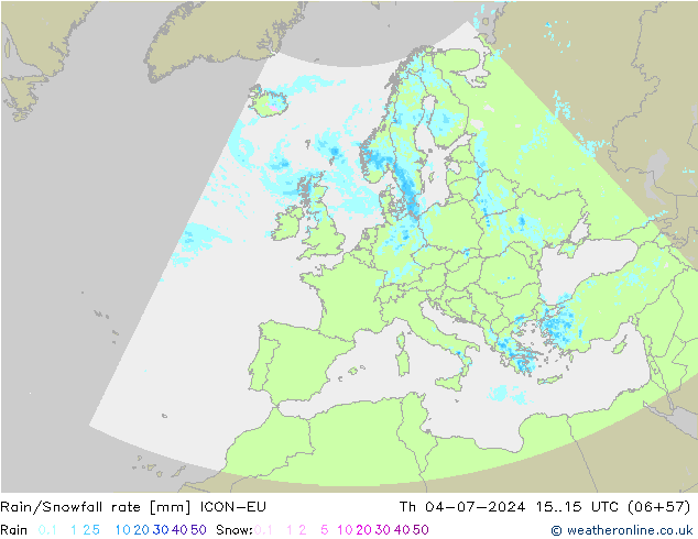 Rain/Snowfall rate ICON-EU 星期四 04.07.2024 15 UTC