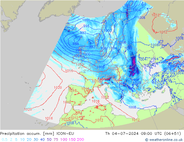 Precipitation accum. ICON-EU 星期四 04.07.2024 09 UTC