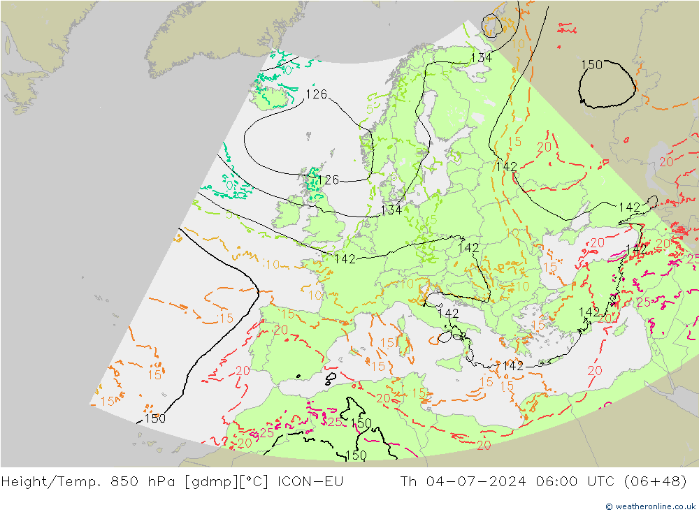 Hoogte/Temp. 850 hPa ICON-EU do 04.07.2024 06 UTC