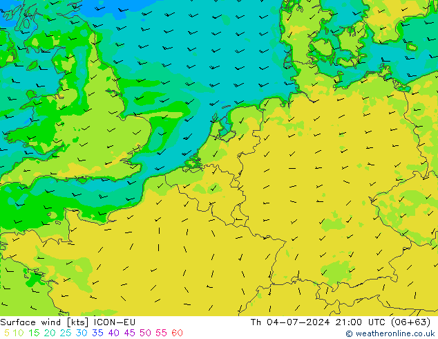 风 10 米 ICON-EU 星期四 04.07.2024 21 UTC