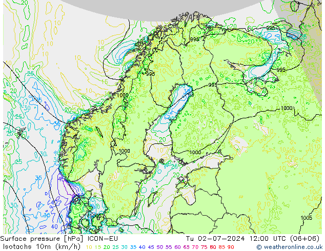 10米等风速线 (kph) ICON-EU 星期二 02.07.2024 12 UTC