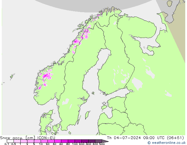 Snow accu. ICON-EU 星期四 04.07.2024 09 UTC