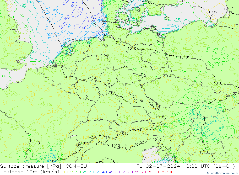 Isotachen (km/h) ICON-EU di 02.07.2024 10 UTC
