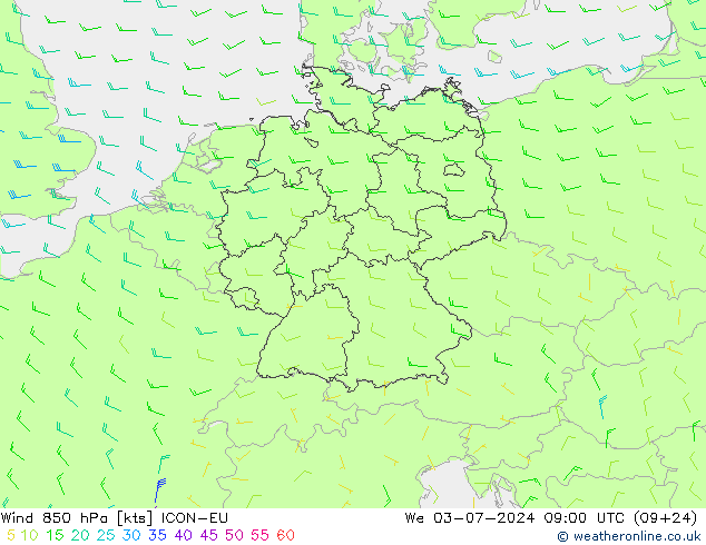 风 850 hPa ICON-EU 星期三 03.07.2024 09 UTC