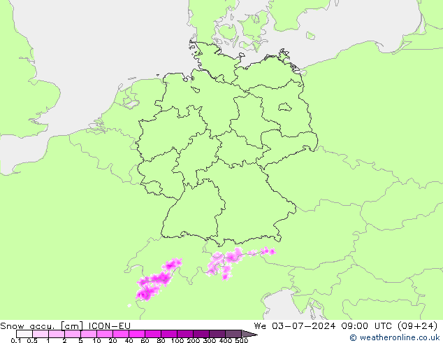 Snow accu. ICON-EU 星期三 03.07.2024 09 UTC