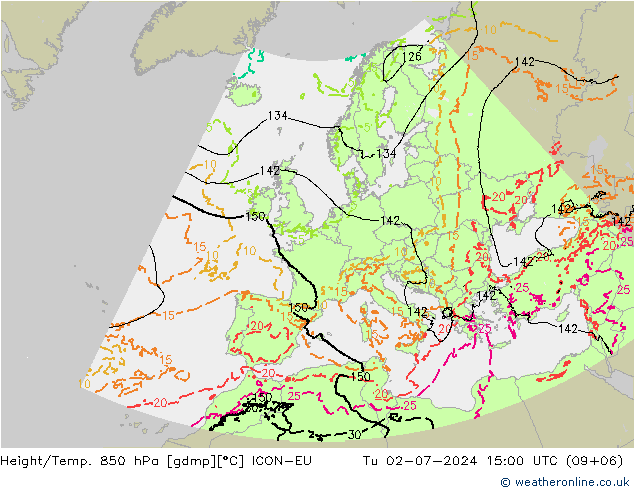 Hoogte/Temp. 850 hPa ICON-EU di 02.07.2024 15 UTC