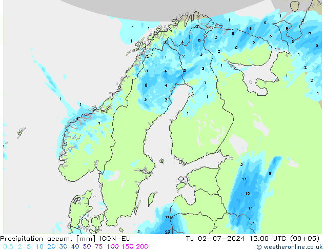 Precipitation accum. ICON-EU 星期二 02.07.2024 15 UTC
