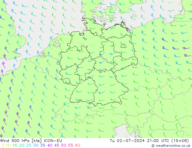 风 500 hPa ICON-EU 星期二 02.07.2024 21 UTC