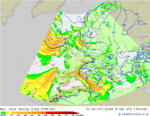 Max. wind velocity ICON-EU 星期二 02.07.2024 21 UTC