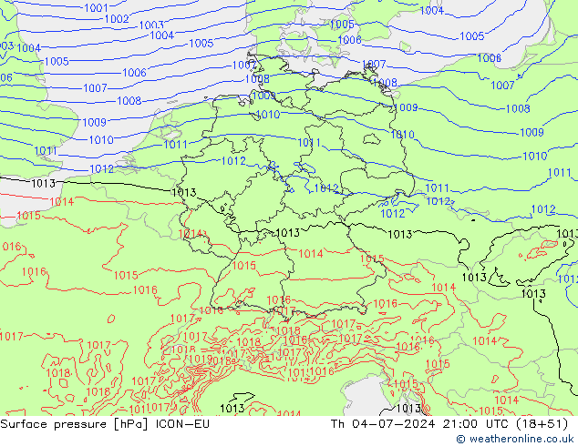 Luchtdruk (Grond) ICON-EU do 04.07.2024 21 UTC