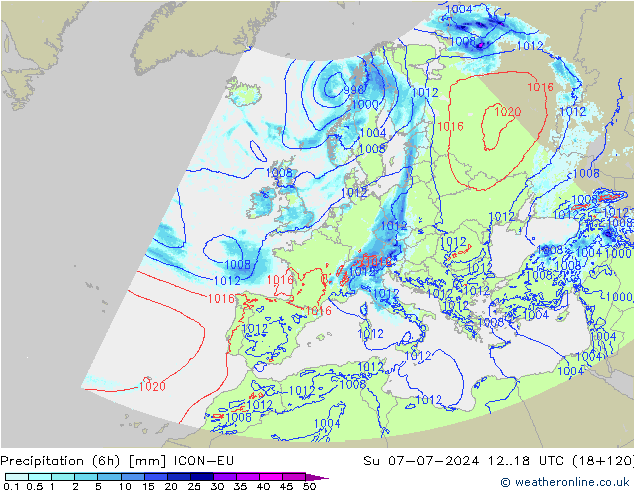 Totale neerslag (6h) ICON-EU zo 07.07.2024 18 UTC