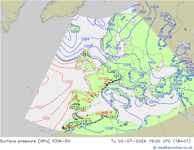 Luchtdruk (Grond) ICON-EU di 02.07.2024 19 UTC