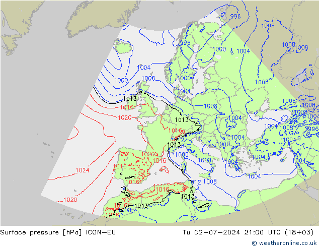 地面气压 ICON-EU 星期二 02.07.2024 21 UTC