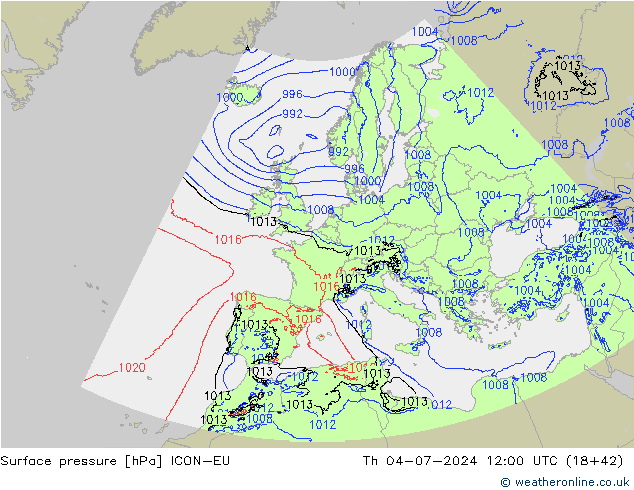 Luchtdruk (Grond) ICON-EU do 04.07.2024 12 UTC