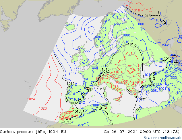 地面气压 ICON-EU 星期六 06.07.2024 00 UTC