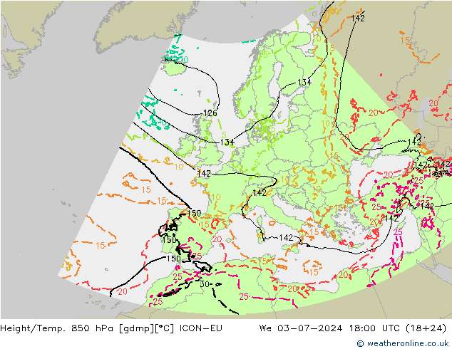 Hoogte/Temp. 850 hPa ICON-EU wo 03.07.2024 18 UTC