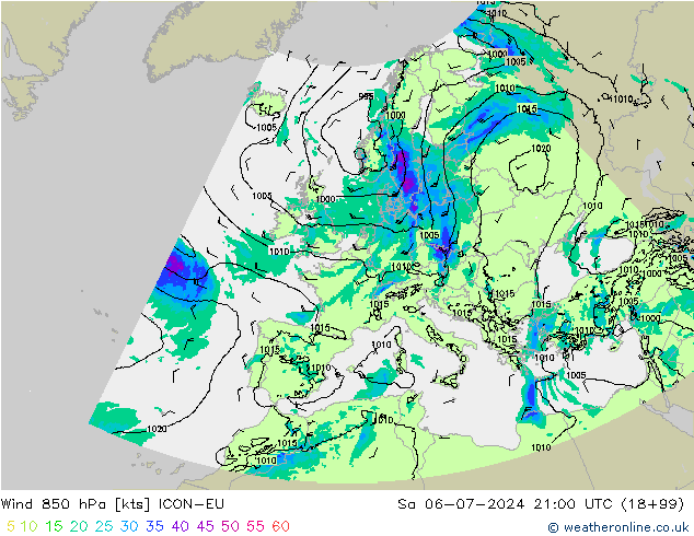 Wind 850 hPa ICON-EU za 06.07.2024 21 UTC