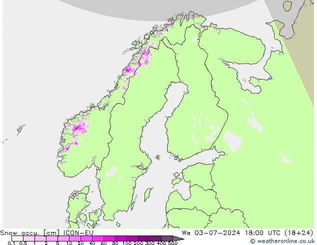 Snow accu. ICON-EU 星期三 03.07.2024 18 UTC