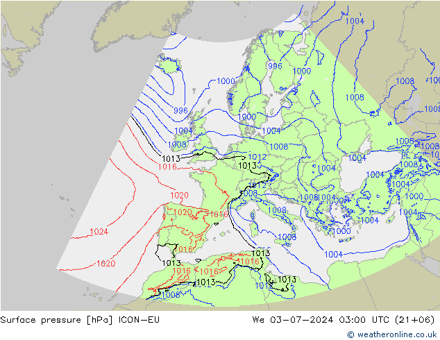 地面气压 ICON-EU 星期三 03.07.2024 03 UTC