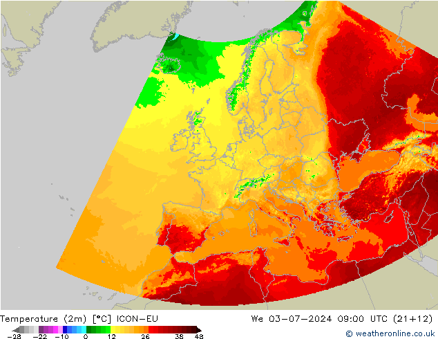 温度图 ICON-EU 星期三 03.07.2024 09 UTC