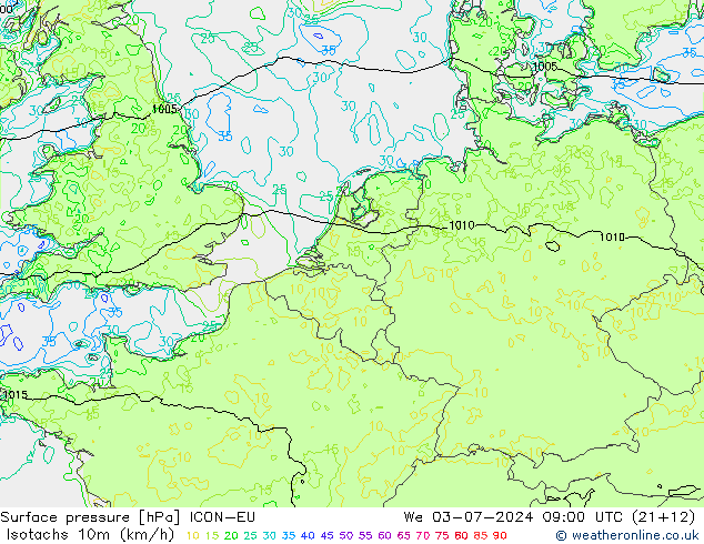 10米等风速线 (kph) ICON-EU 星期三 03.07.2024 09 UTC