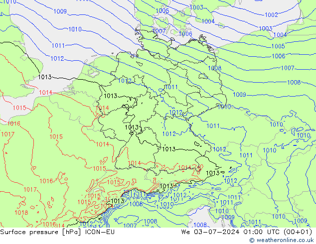 地面气压 ICON-EU 星期三 03.07.2024 01 UTC