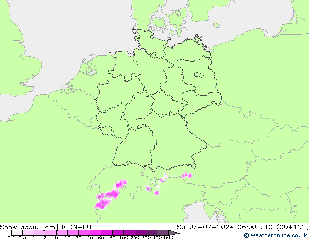Totale sneeuw ICON-EU zo 07.07.2024 06 UTC