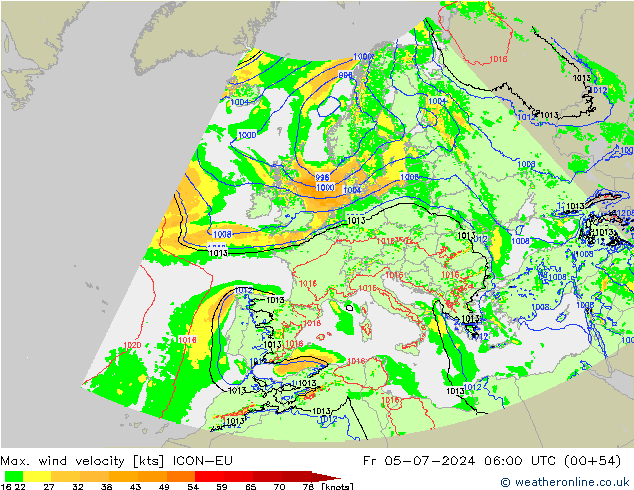 Max. wind velocity ICON-EU 星期五 05.07.2024 06 UTC