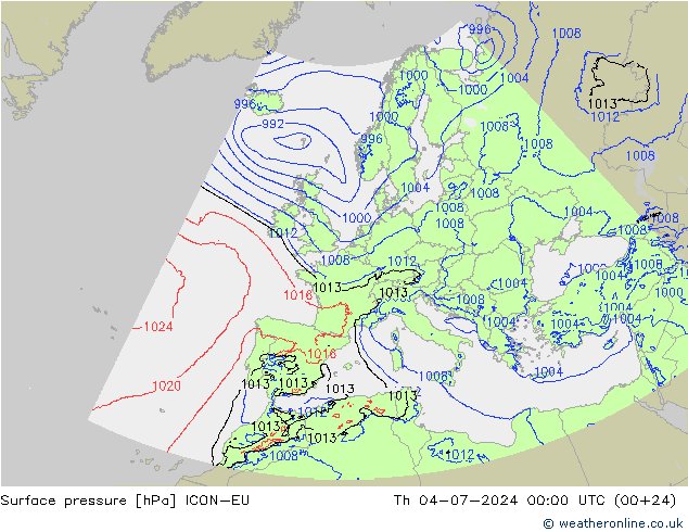 Luchtdruk (Grond) ICON-EU do 04.07.2024 00 UTC