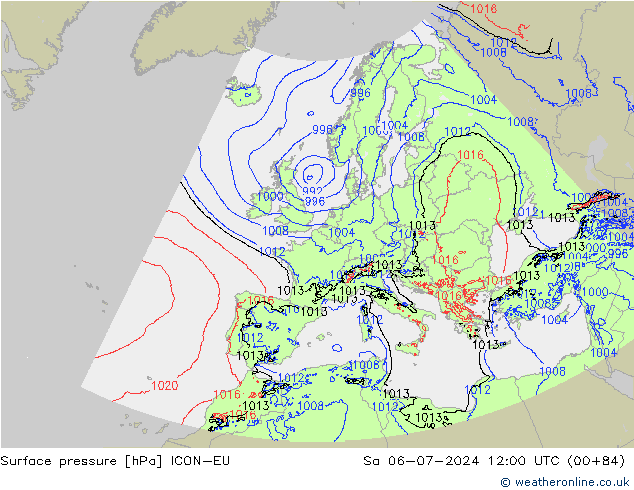 地面气压 ICON-EU 星期六 06.07.2024 12 UTC