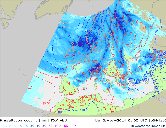 Precipitation accum. ICON-EU 星期一 08.07.2024 00 UTC