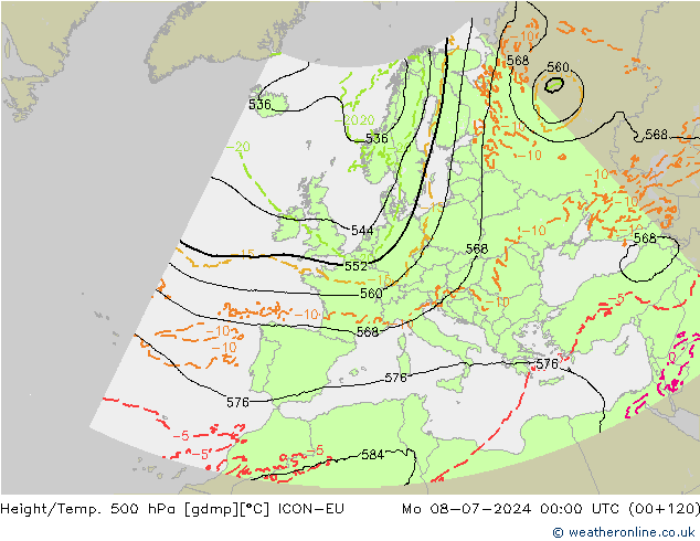 Height/Temp. 500 hPa ICON-EU 星期一 08.07.2024 00 UTC