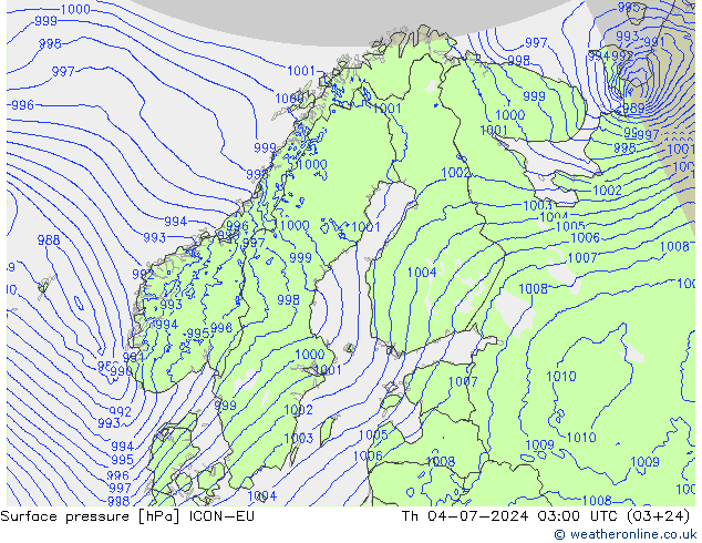 地面气压 ICON-EU 星期四 04.07.2024 03 UTC