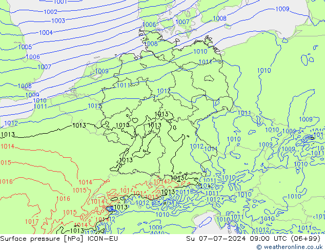 Luchtdruk (Grond) ICON-EU zo 07.07.2024 09 UTC