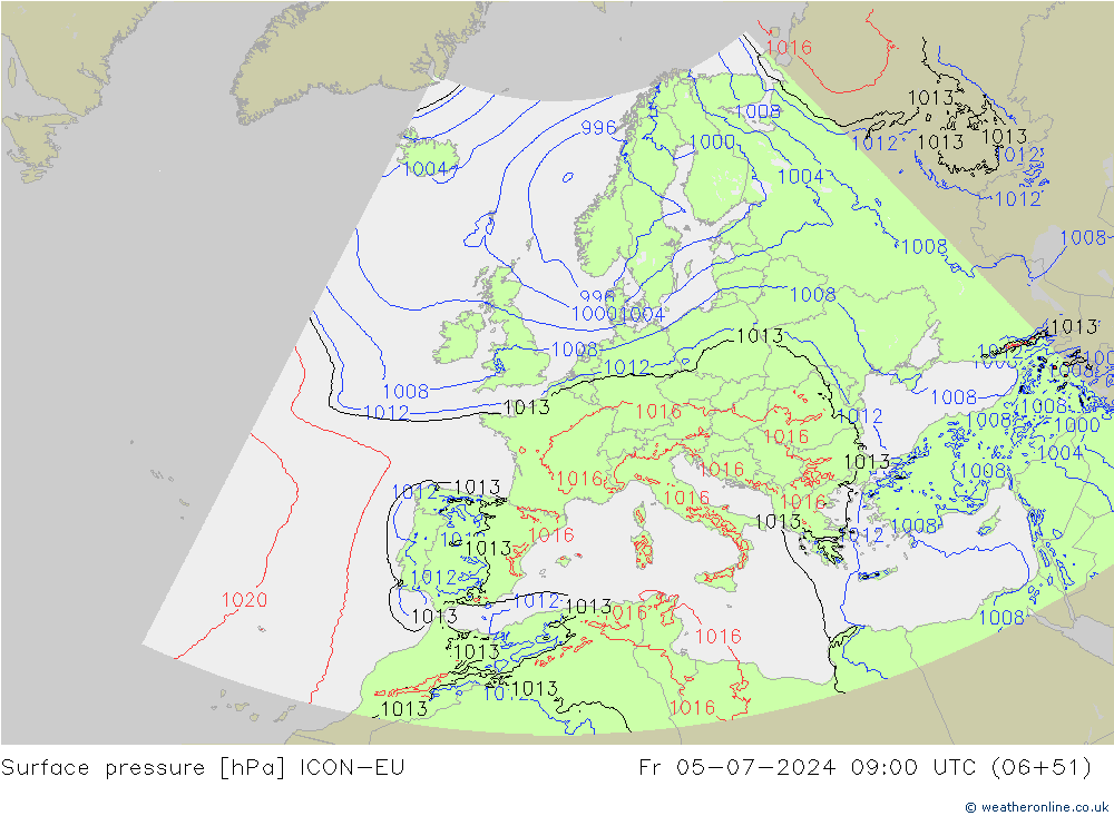 Luchtdruk (Grond) ICON-EU vr 05.07.2024 09 UTC