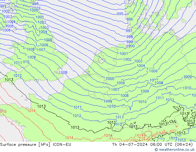 地面气压 ICON-EU 星期四 04.07.2024 06 UTC