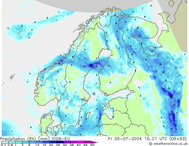 Totale neerslag (6h) ICON-EU vr 05.07.2024 21 UTC