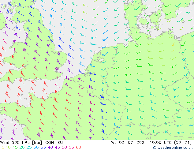 风 500 hPa ICON-EU 星期三 03.07.2024 10 UTC
