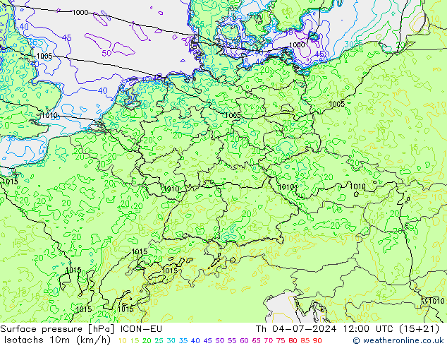 Isotachen (km/h) ICON-EU do 04.07.2024 12 UTC