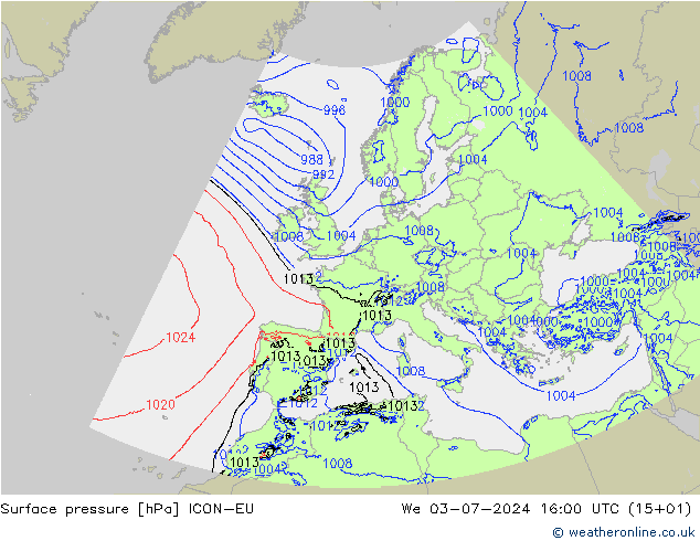 地面气压 ICON-EU 星期三 03.07.2024 16 UTC