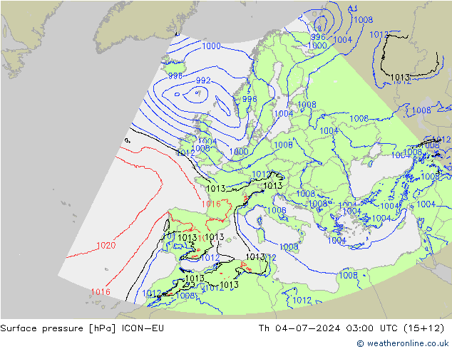 Luchtdruk (Grond) ICON-EU do 04.07.2024 03 UTC