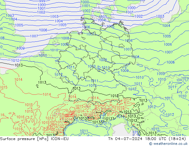 地面气压 ICON-EU 星期四 04.07.2024 18 UTC