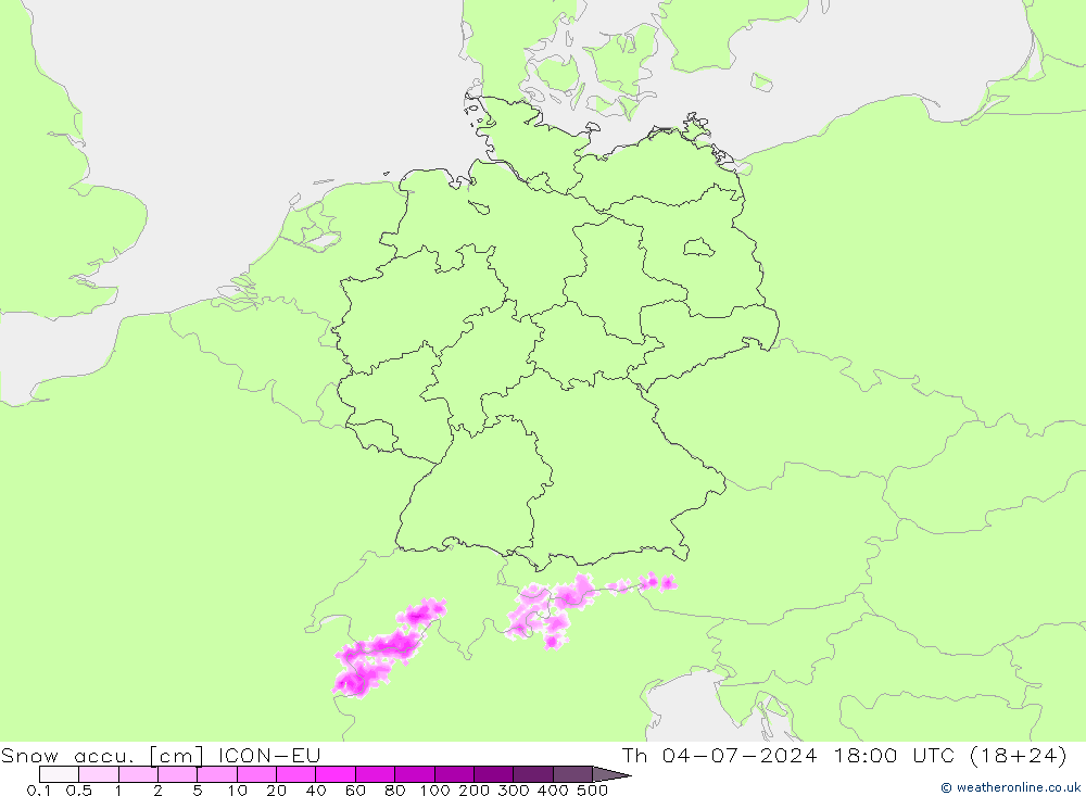 Snow accu. ICON-EU 星期四 04.07.2024 18 UTC