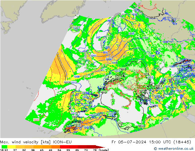 Max. wind snelheid ICON-EU vr 05.07.2024 15 UTC