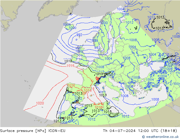 Luchtdruk (Grond) ICON-EU do 04.07.2024 12 UTC
